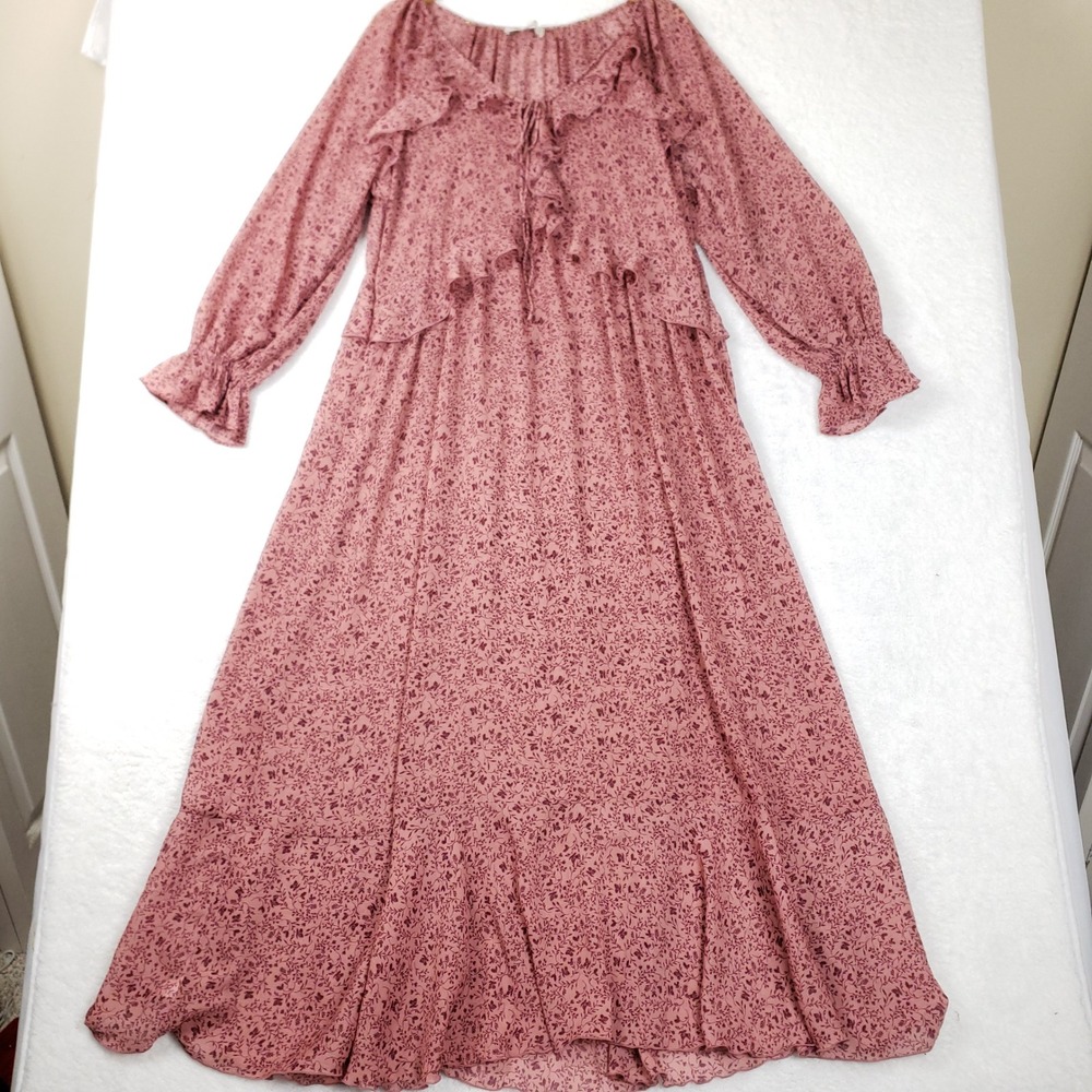 Loft Pink Floral Ruffle Maxi Dress XL Long Sleeve Tiered Boho Prairie Cottage